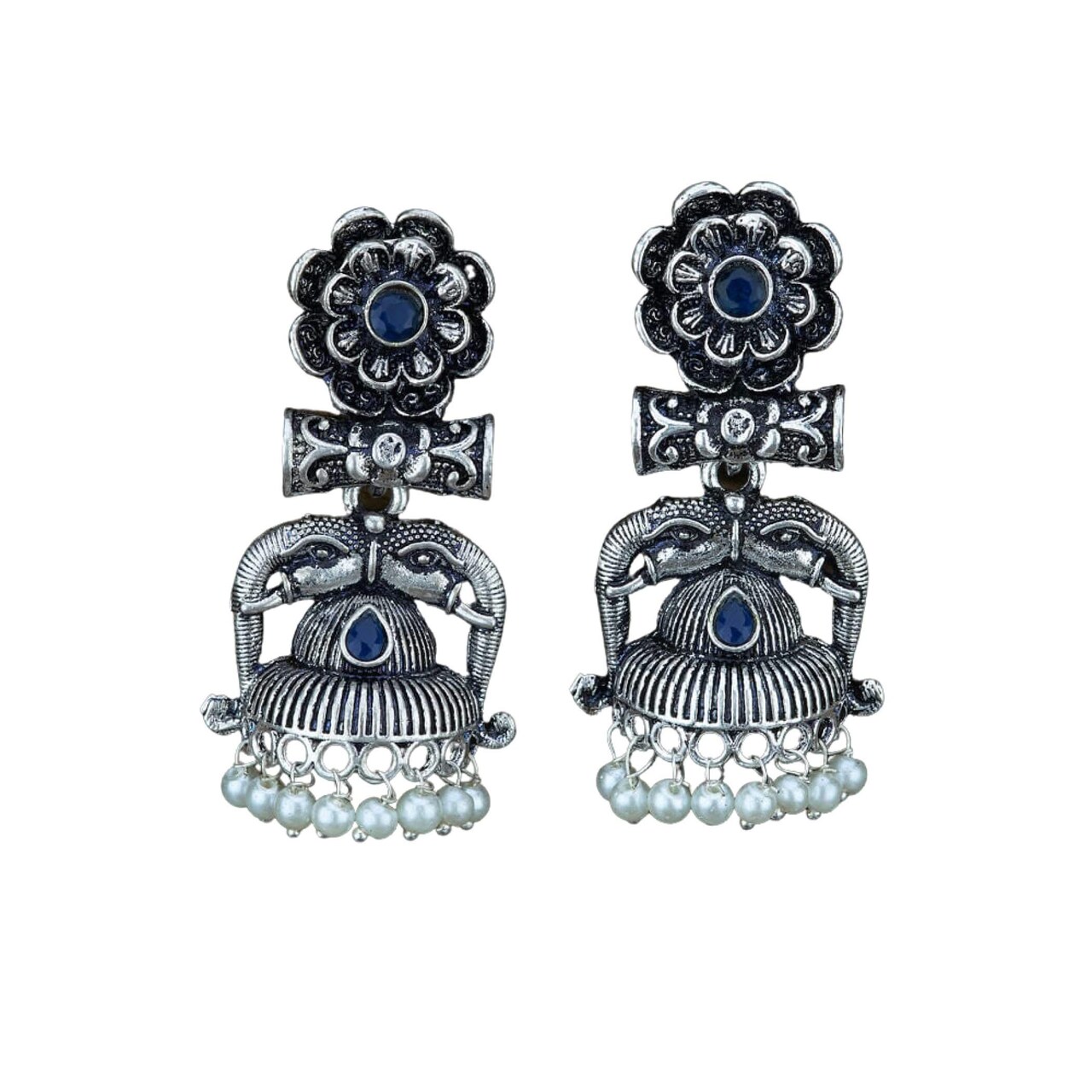 Indian Oxidized Jhumka Earrings for Women - Indian Oxidized Trishul Jhumki Ethnic Shiva Trident Chandbali Earrings Faux Pearls Bollywood Style Floral Dangle Earring Jewelry for Bride